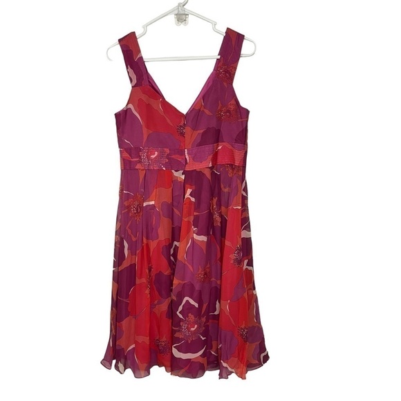 JONES New York 100% Silk Jewel Tone Hibiscus Floral Fit Flare Party Dress, 10 - Picture 2 of 8